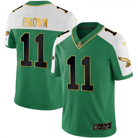 Men's Kelly Green Philadelphia Eagles #11 A.J. Brown Alternate Gold Stitched Football Jersey